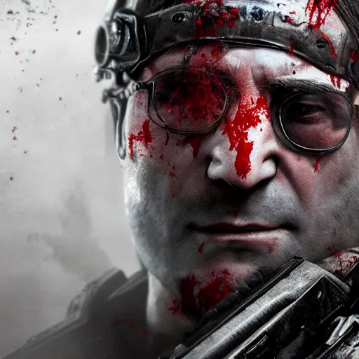 Image similar to john lennon in gears of war, covered in blood, ultra realistic, concept art, intricate details, highly detailed, photorealistic, octane render, 8 k, unreal engine, art by frank frazetta, simon bisley, brom