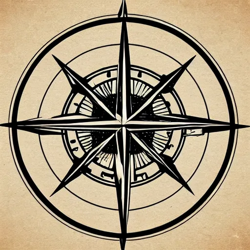 Prompt: skull over a ship compass with long extended points, like a star, ultra detailed, fine line pen drawing on parchment, symmetrical, stylish