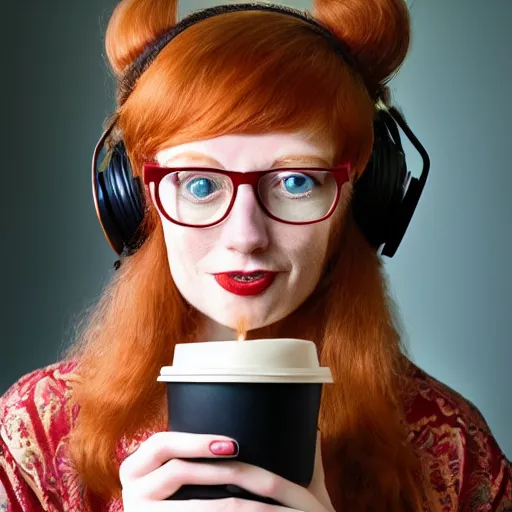 Image similar to a stunning hyper-detailed closeup portrait photo of a beautiful smiling retro-bespectacled woman with long ginger hair and bangs, wearing a luxurious robe, wearing steampunk headphones and posing with her handsome ginger tabby cat and raccoons and parrots in an overstuffed easy chair in her sunlit victorian living room, holding a coffee cup and a donut and smoking an elaborate hookah, perfect eyes, octane render, unreal engine, 85 mm lens,