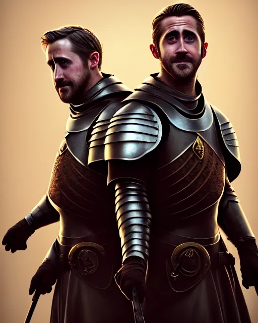 Image similar to portrait of ryan gosling and jake gyllenhaal as medieval knights rendered in unreal engine 5, by wlop, greg rutkowski, and peter mohrbacher, octane render, ultra high detail, 3 d, extremely detailed shading, concept art, character design, trending on artstation, atmosphere, glow, cinematic lighting, full of color