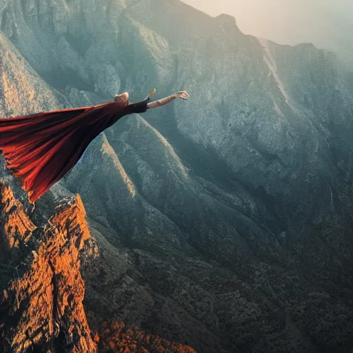 Prompt: winged man, flying over a mountain, dramatic lighting, 4 k, photography, award winning photo