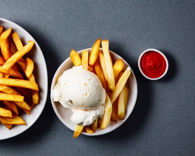 Image similar to dslr food photograph of vanilla ice cream with ketchup on, a leaf of basil on the ice cream, french fries on the side, a bottle of ketchup, 8 5 mm f 1. 4