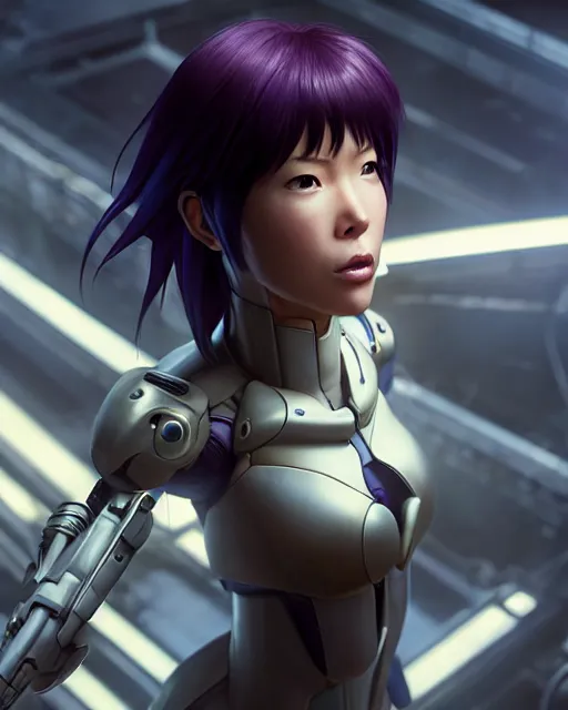 Image similar to weta disney pixar movie still portrait photo of motoko kusanagi the major ghost in the shell : : as cyborg woman by pixar : : by weta, wlop, ilya kuvshinov, rossdraws, artgerm, marvel, maxim cover, latex, octane render, sweaty, iridescent, bright morning, anime, liosh, mucha : :