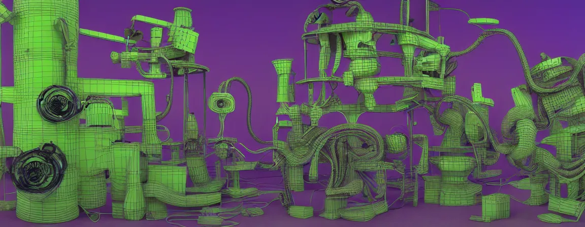 Image similar to a machine for making snake oil, purple and green, art by glenn fabry and ed roth, 3 d rendering by beeple, fine detail, 8 k, snake machine