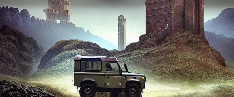 Image similar to Land Rover Defender 110 (1985), an epic fantasy, dramatic lighting, cinematic, establishing shot, extremely high detail, photorealistic, cinematic lighting, artstation, by simon stalenhag, The Elder Scrolls IV: Oblivion, Green Cyrodiil plains, Imperial City with the Adamantine Tower in the middle in the distance, Adamantine Tower in the distance, at day