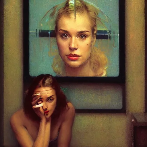 Image similar to detailed portrait of a woman, moment, cyberpunk cloisters, electronic billboards, tech noir, wet reflections, atmospheric, ambient, wlop, norman rockwell, alexis flower, hopper, livia prima, greg rutkowski, george tooker, gil elvgren, norman rockwell, alexis flower, hopper, mucha, whistler, norman rockwell, peter max,