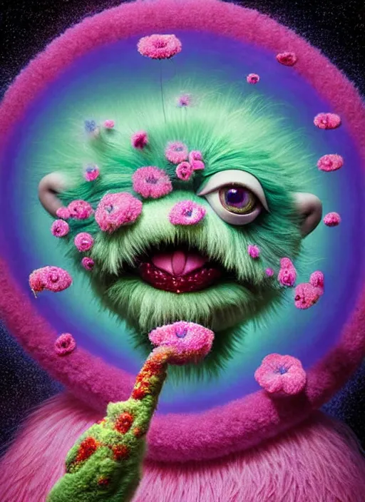 Prompt: hyper detailed 3d render like a Oil painting - kawaii portrait Aurora (the muppet animal) seen Eating of the Strangling network of yellowcake aerochrome and milky Fruit and His delicate Hands hold of gossamer polyp blossoms bring iridescent fungal flowers whose spores black the foolish stars by Jacek Yerka, Ilya Kuvshinov, Mariusz Lewandowski, Houdini algorithmic generative render, Abstract brush strokes, Masterpiece, Edward Hopper and James Gilleard, Zdzislaw Beksinski, Mark Ryden, Wolfgang Lettl, hints of Yayoi Kasuma, octane render, 8k