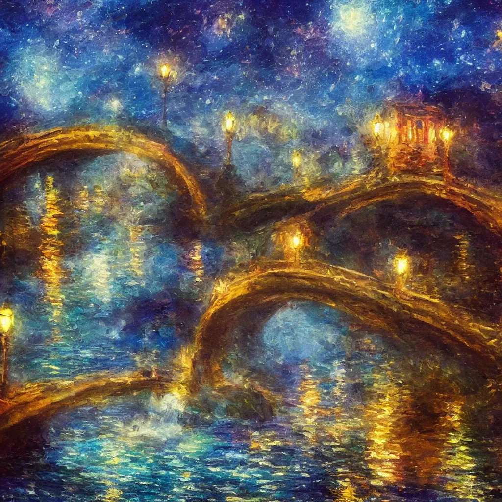 Image similar to fairyland bridge, outside of time and space, dreamy, romantic, night lighting, expressive impressionist style, highly detailed, 8 k