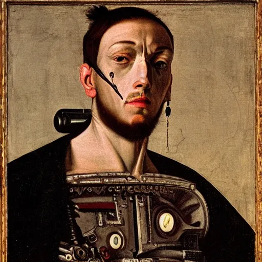 Image similar to a portrait of cyborg king connected to a man-machine interface by Caravaggio, renaissance style