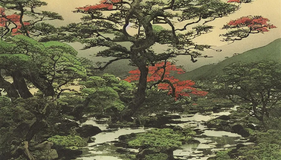 Prompt: a peaceful japanese countryside with a stream running through, art by hiroshi yoshida