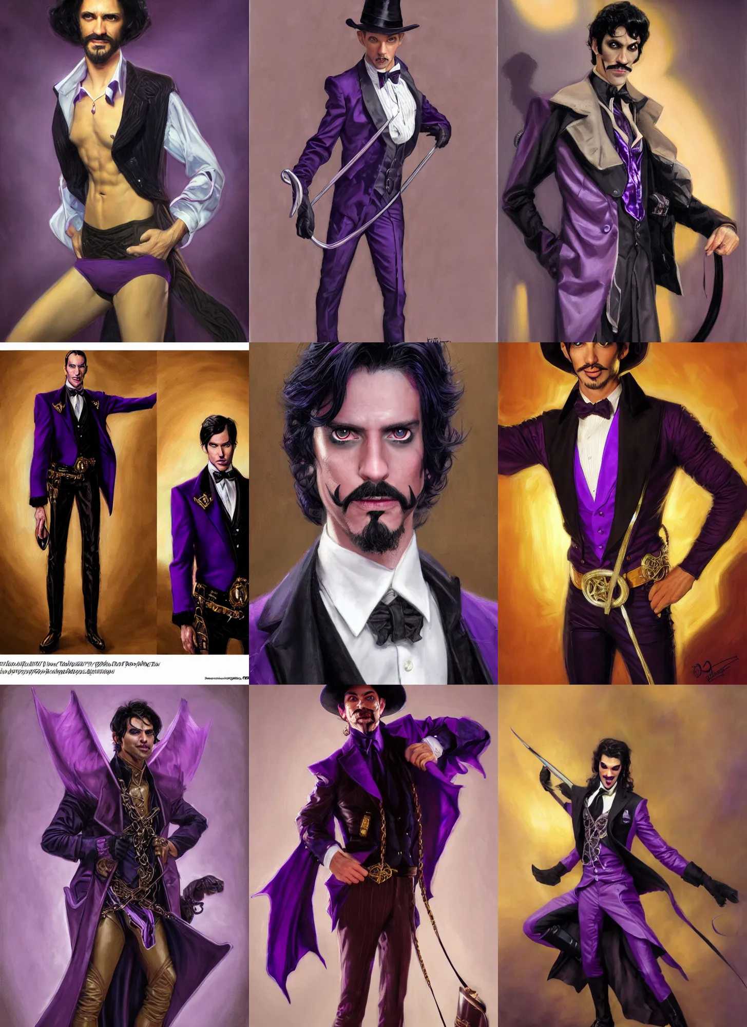 Prompt: portrait, a slender ringleader, wearing purple and black ringleader attire, well dressed, nefarious smirk, tan skin, black hair, goatee, style by donato giancola, wayne reynolds, jeff easley dramatic light, high detail, cinematic lighting, artstation, dungeons and dragons