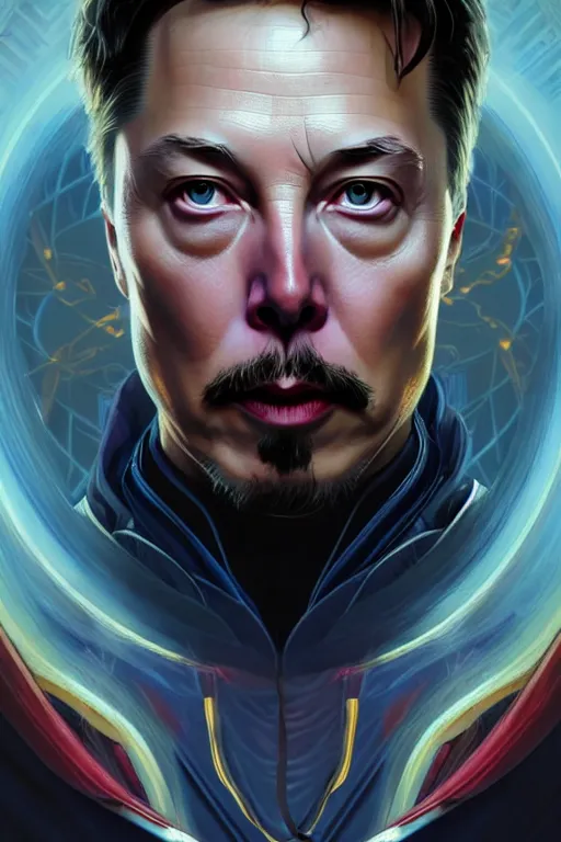 Image similar to elon musk as dr strange, realistic portrait, symmetrical, highly detailed, digital painting, artstation, concept art, smooth, sharp focus, illustration, cinematic lighting, art by artgerm and greg rutkowski and alphonse mucha