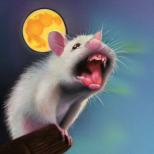 Image similar to “an opossum screaming at the moon on a pile of trash, 90’s airbrush design”