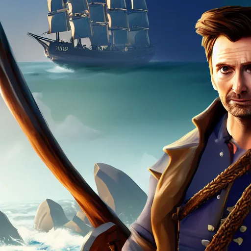 Image similar to david Tennant in the Sea of thieves, long shot, on the ship, ultra detailed, sharp focus, art by artgerm, 8k, game screenshot, wallpaper, hyperrealistic