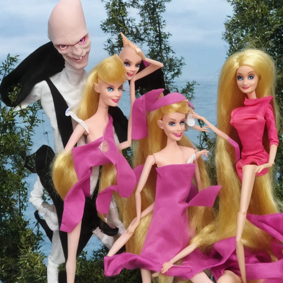 Image similar to Nosferatu and Barbie on vacation