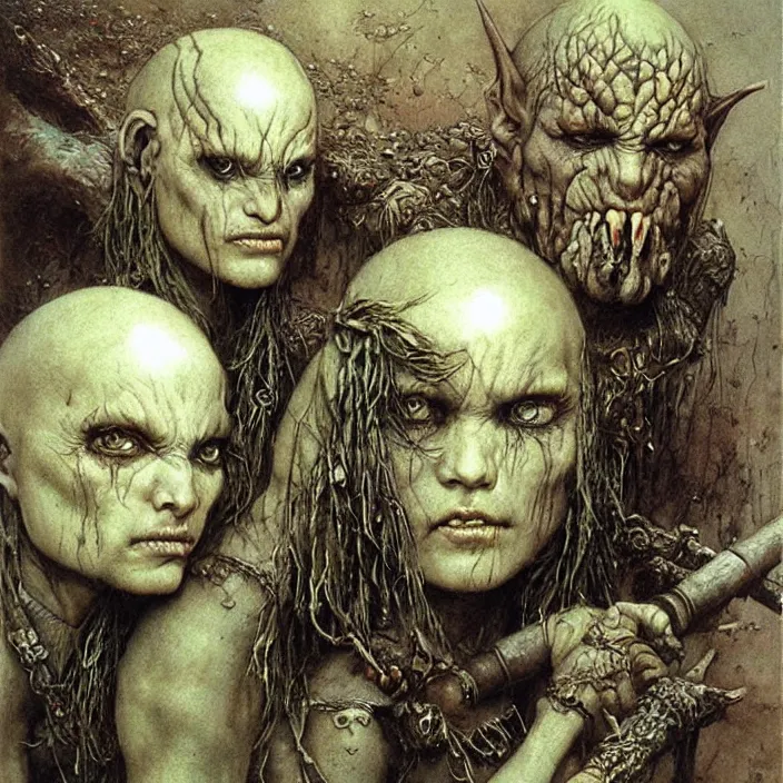 Prompt: bald barbarian girl figts goblins by Beksinski and Luis Royo