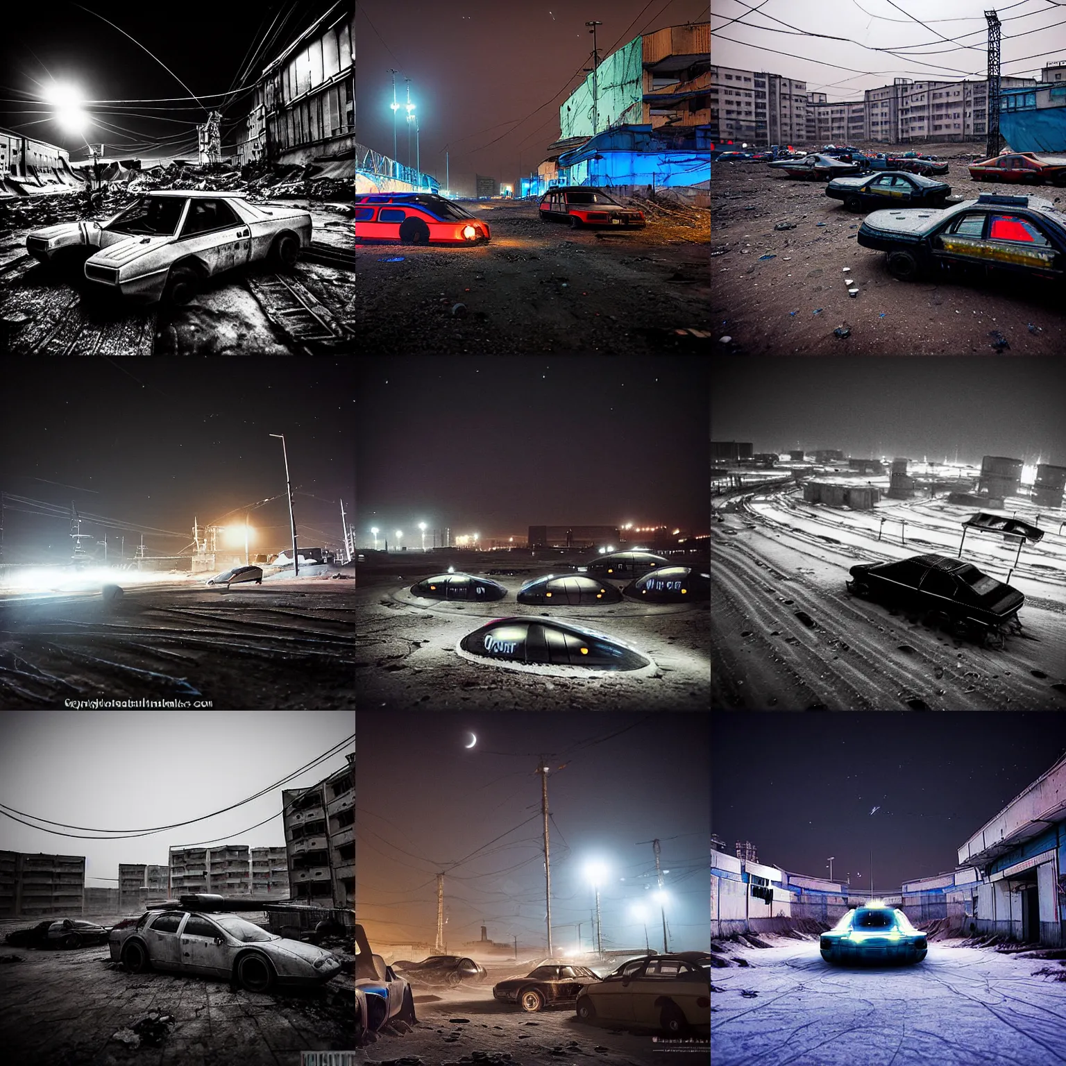 Prompt: hovercraft cars leaving trails in a Russian cyberpunk slum city called Neo Norilsk on the Moon, at night, diverse, lively, black sky full of stars, blinding sun, sci-fi, lots of flying cars, levitation, cyberpunk outfits, photorealistic, grainy, 35mm, intricate, very very beautiful, elegant, smooth, cinematic, Unreal Engine 5, by Beeple, trending on Artstation HD