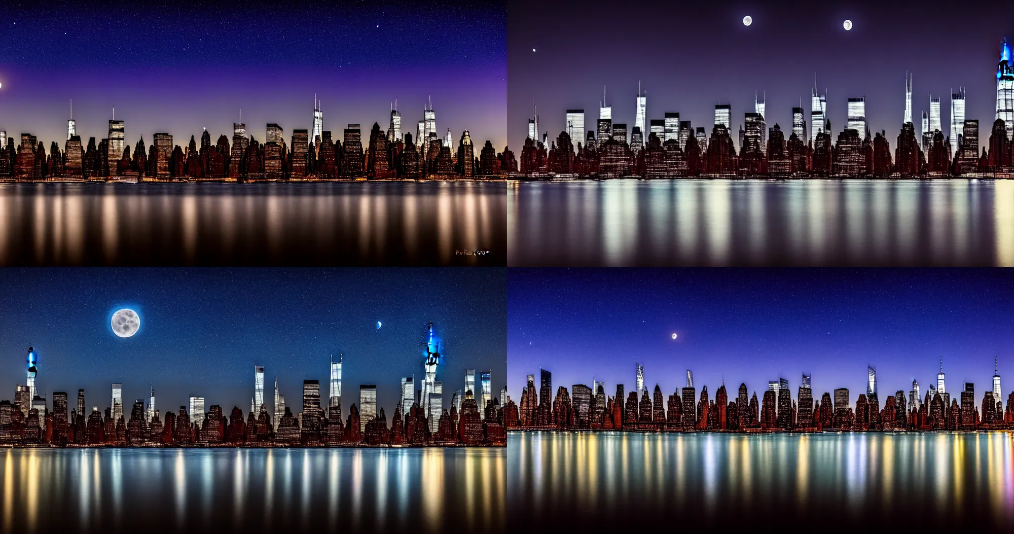 Prompt: New york city skyline at night stars and moon in sky water reflection-long exposure