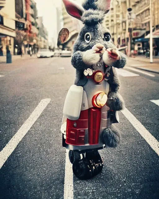 Image similar to 500mm telephoto lens bokeh lights!!! epic pose!!! googly eyed giant oversized rocket battle rabbit robot chubby mech baby sport car double decker with giant oversized ears and rabbit babies ,in busy city , full body , Cinematic focus, Polaroid photo, vintage , neutral dull colors, soft lights, foggy , by oleg oprisco , by national archives, by discovery channel, by victor enrich , by gregory crewdson