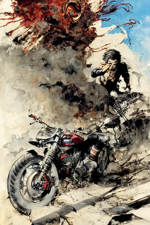 Prompt: full page detailed color illustration of tetsuo crashing his motorcycle into a the Esper Takashi, by Katsuhiro Otomo, Phil hale, Ashley wood, Ilya repin, frank frazetta, 8k, hd, high resolution print