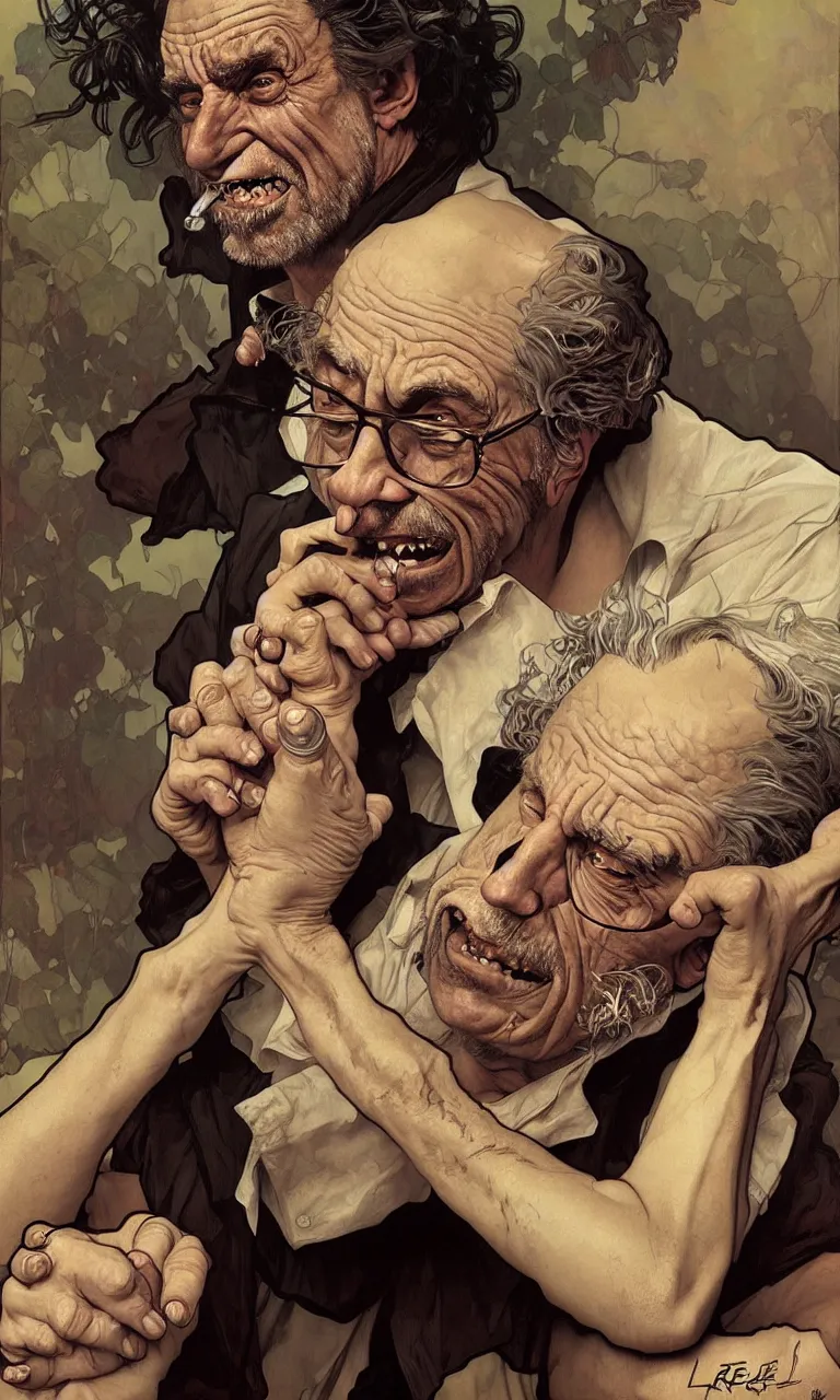 Image similar to hyper realistic grotesque portrait of an old drunk rick sanchez by lee bermejo, alphonse mucha and greg rutkowski