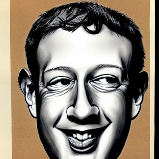 Image similar to a caricature portrait of Mark Zuckerberg drawn by Mort Drucker- Mad Magazine