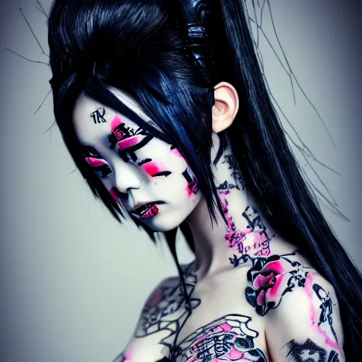 Image similar to japanese gothic model with maximalist hair style and kanji tattoos, dark colors, fashion model, portrait shot, depth of field, 8 k, hyper detailed, intricate, trending on artstation