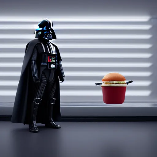 Image similar to Darth Vader at McDonalds, intricate artwork by Tooth Wu and wlop and beeple, octane render, hyper realism, 8k