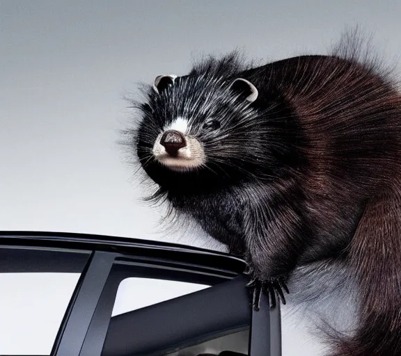 Prompt: elon musk skunk animal mixed together, closeup detailed, tesla car, studio photo