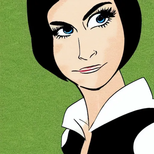 Image similar to brunette woman, short hair, flipped out hair, bright green eyes, black fascist uniform, smirk, cartoon style