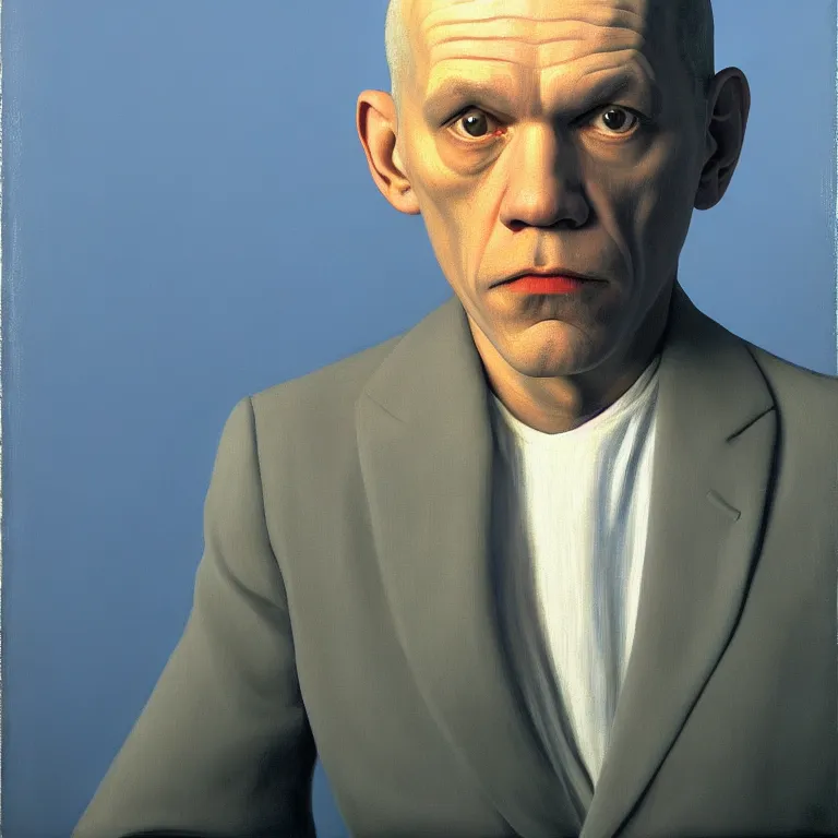 Prompt: John Malkovich as John Malkovich as he paints John Malkovich, by Rene Magritte and Edward Hopper, soft lighting, serene, 8k