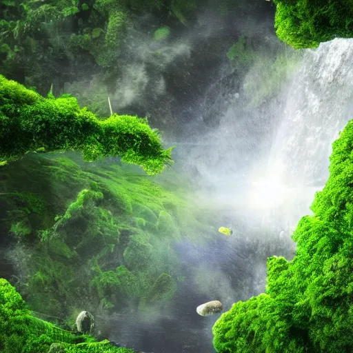 Image similar to spaceship flying in the atmosphere of a planet, lush green rainforest below, waterfalls, photo realistic, very detailed, 4k