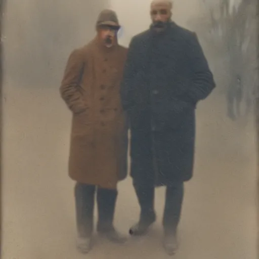 Image similar to portrait of 2 blurry shadowed men standing on berlin street in mist and fog, damaged autochrome