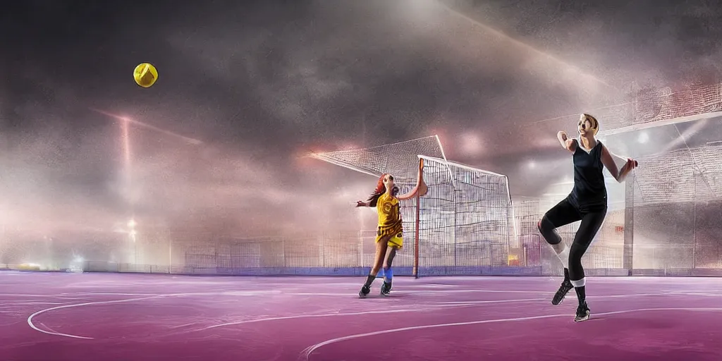 Prompt: young woman plays handball in a stadium, epic lighting, digital art