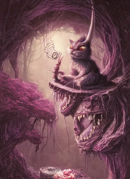 Prompt: cheshire cat the magician tarot card, highly detailed, cinematic, 8 k, by stanley artgermm, tom bagshaw, greg rutkowski, carne griffiths, ayami kojima, beksinski, giger, trending on deviantart, hyper detailed, horror, full of colour