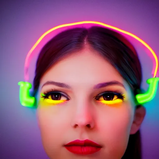 Image similar to cute young woman with robot ears and eyes, 4k, sharp focus, neon colored fluorescent lighting, René Laloux