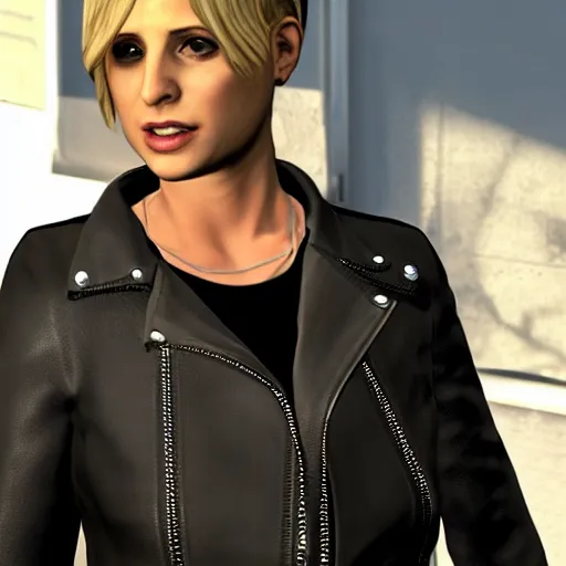 Image similar to Sarah Michelle Gellar wearing a black leather jacket and a silver cross around her neck in GTA 5
