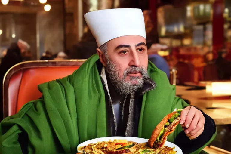 Image similar to Ottoman Sultan Mehmet IV eating shawarma in a restaurant in Downtown New York, wearing big ovular turban and a luxurious Ottoman coat, green eyes, super realistic facial features, detailed face, Ottoman Sultanate, cheerful, expressive, photorealistic, hyperrealism, micro details, HDR Shot