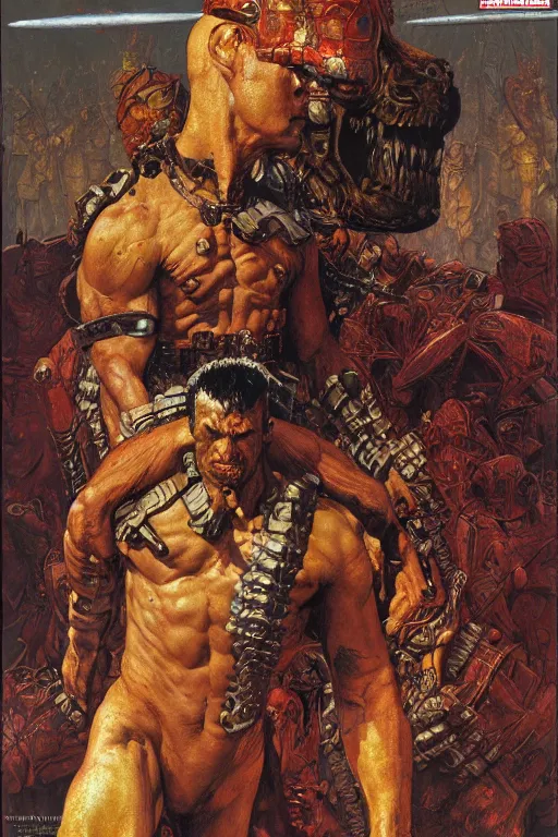 Image similar to upper body and head portrait of hulking mutant armoured warrior overlord by lawrence alma tadema and zdzislaw beksinski and norman rockwell and jack kirby and tom lovell and greg staples