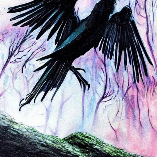 Image similar to fantasy painting of a raven by the blair witch project | horror themed | creepy