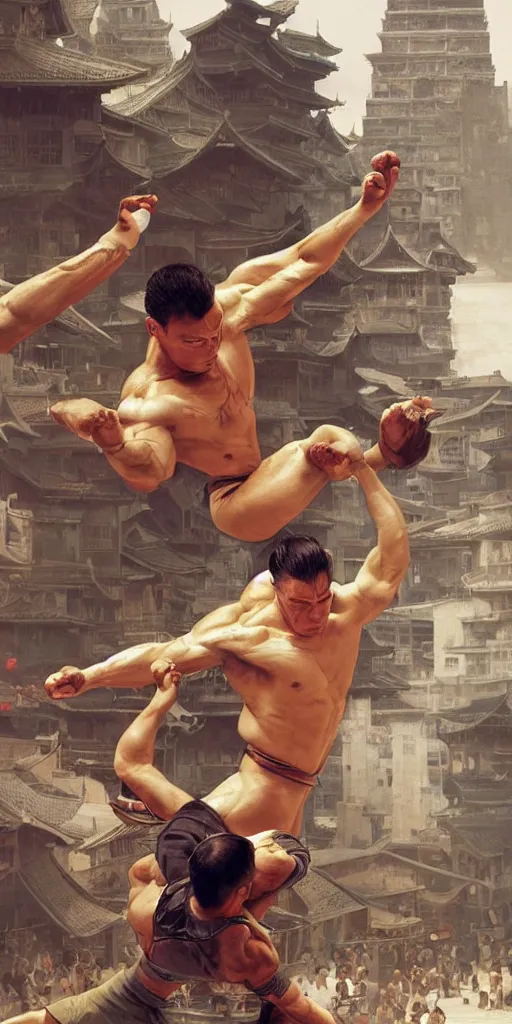 Prompt: a beautiful illustration of a young jean claude van damme, intricate, shaolin fight, arab city, houses, sharp focus, illustration, highly detailed, digital painting, concept art, matte, art by wlop and artgerm and greg rutkowski and alphonse mucha, masterpiece