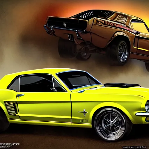 Image similar to a detailed render of a mad max style 1 9 6 7 ford mustang fastback, vector art, art by john collier and albert aublet and krenz cushart and artem demura and alphonse mucha, cosmic, heavenly, god rays, intricate detail, cinematic, 8 k, cel shaded, unreal engine, featured on artstation, pixiv