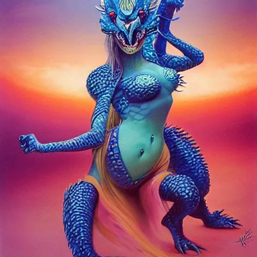 Image similar to cute female bellydancer dragon with 6 arms wearing blue plastic armor, anthropomorphic dragon, dragon face, stuning 3 d render, ultra real, masterpiece, glowing holy aura, by roger dean and wayne barlow and zdzisław beksinski, realistic face