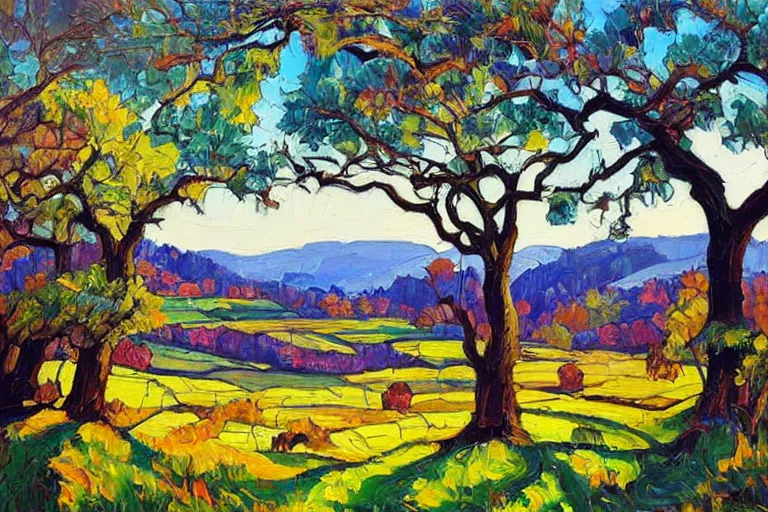 Image similar to masterpiece painting of oak trees on a hillside overlooking a creek, dramatic lighting, by erin hanson