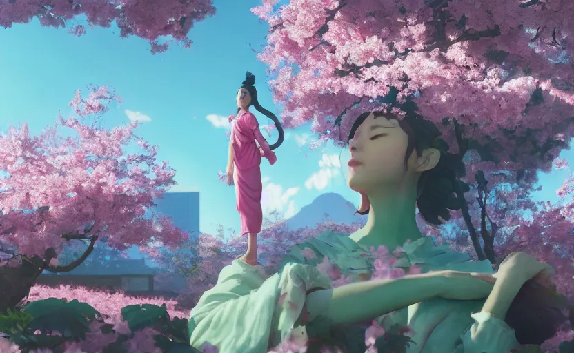 Image similar to goddess of cherry blossoms, Low level, rendered by Beeple, Makoto Shinkai, syd meade, simon stålenhag,, synthwave style, digital art, unreal engine, WLOP, trending on artstation, 4K UHD image, octane render,