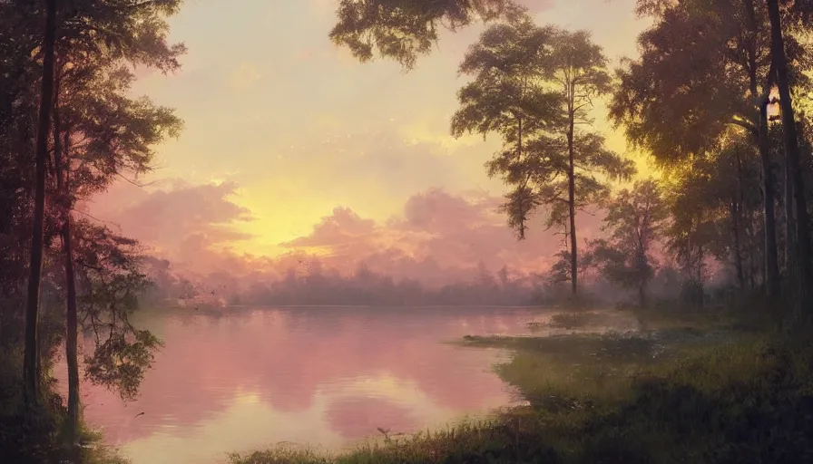 Prompt: tall lush evergreen trees beside a beautiful lake, pink clouds backlit by yellow sun, aesthetic, by greg rutkowski, featured on artstation, wide angle