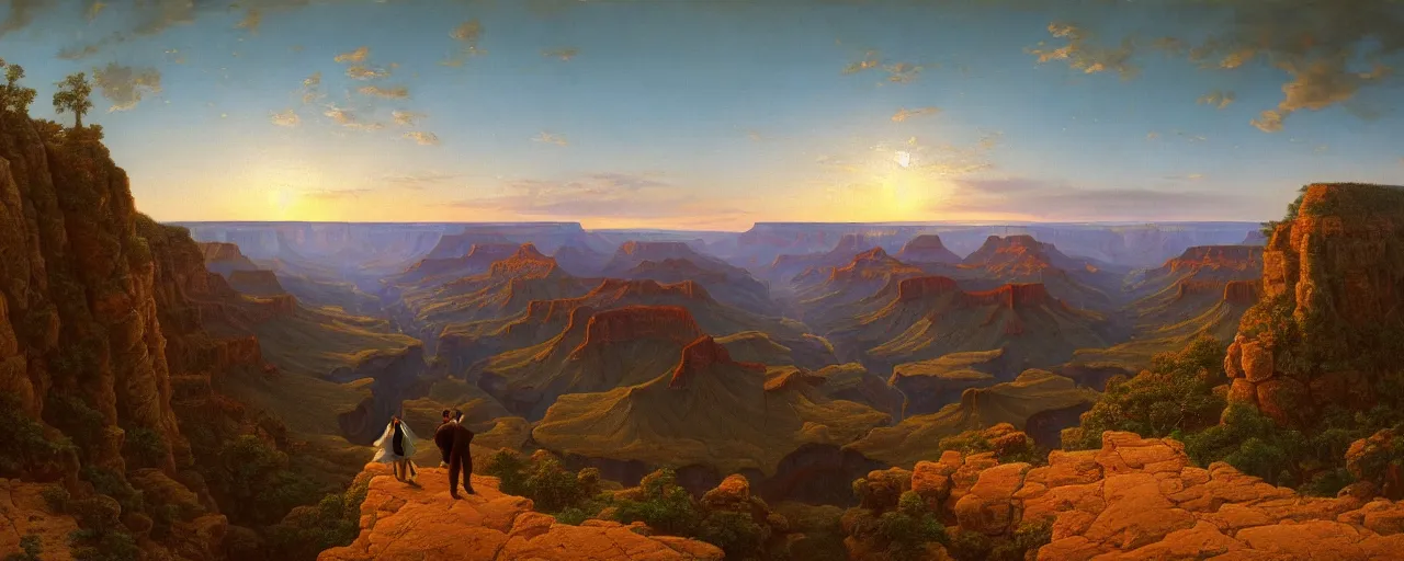 Image similar to romantic painting, wide shot of kermit the frog and miss piggy standing in front of a the grand canyon at sunrise, highly detailed, sublime, hyperrealistic, painted by caspar david friedrich and albert bierstadt, trending on artstation 8 k