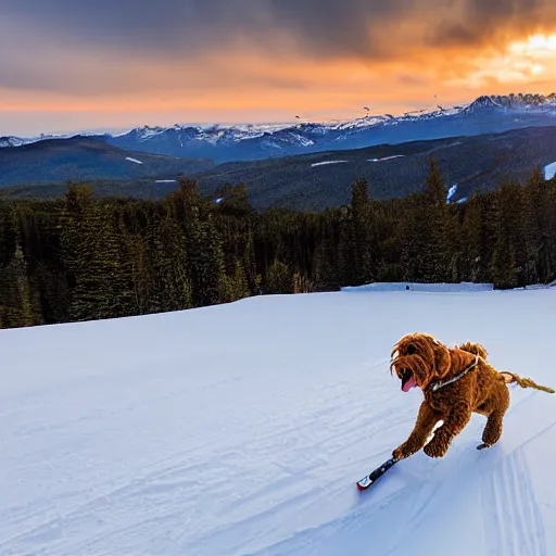 Prompt: Photograph of a golden labradoodle puppy skiing down a black run, sunset