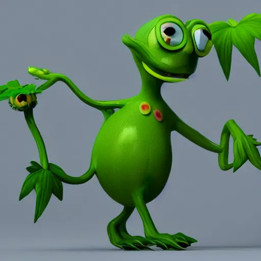 Prompt: cute anthropomorphic flower plant creature with many leaf arms and vine legs and big eyes detailed character concept 3 d pixar style render 4 k