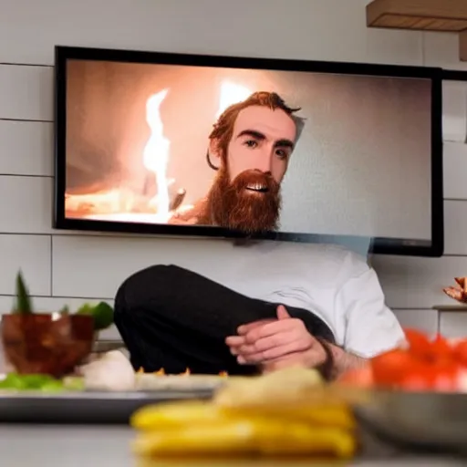 Prompt: picture of asmongold watching tv while cooking a meal, good lighted photo, sharp details, detailed, hd, hdr